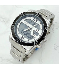 Orologio Da Polso Zcc Uomo Acciaio Dual Time Resistente All'acqua Wr 30m Silver         