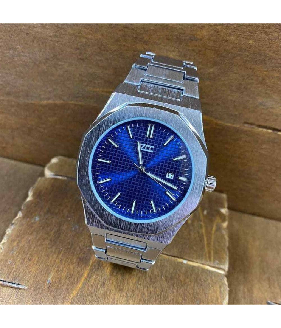 Orologio Da Polso Zcc Uomo Al Quarzo Analogico Data Elegante Silver Fondo Blu         