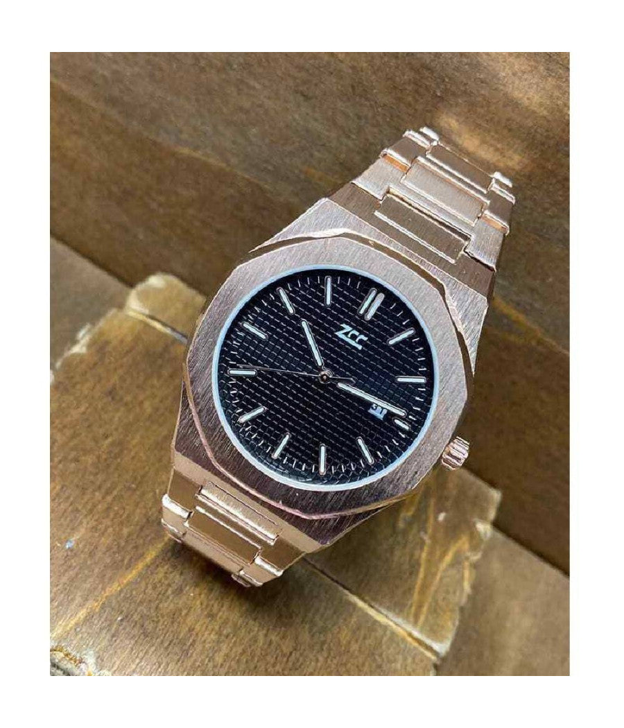 Orologio Da Polso Zcc Uomo Al Quarzo Data Elegante Rose Gold Fondo Nero         