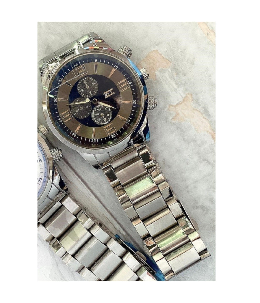 Orologio Da Polso Zcc Uomo Analogico Acciaio Moderno Crono Silver Quadrante Nero         