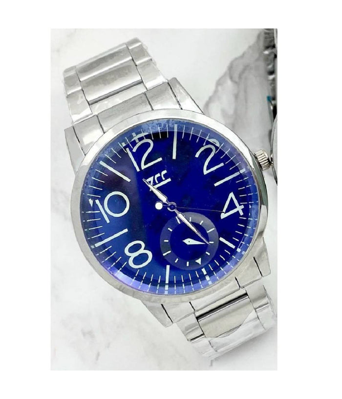 Orologio Da Polso Zcc Uomo Analogico Acciaio Silver Crono Elegante Quadrante Blu         