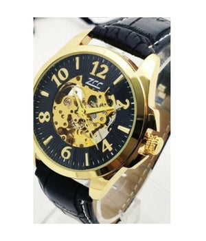 Orologio Da Polso Zcc Uomo Automatico Cinturino Pelle Moda Casual Dorato Nero         