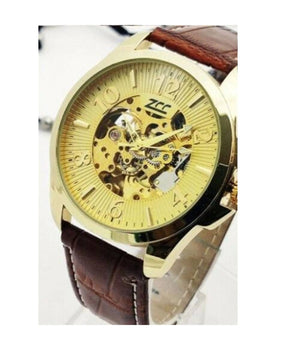 Orologio Da Polso Zcc Uomo Automatico Cinturino Pelle Moda Casual Marrone Dorato         