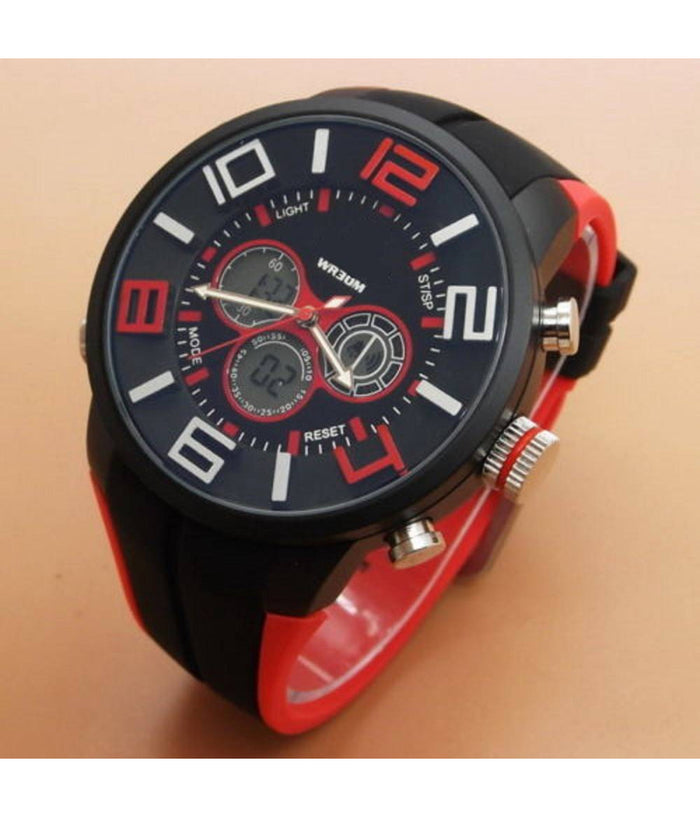 Orologio Da Polso Zcc Uomo Dual Time Analogico Digitale Sveglia Sport Rosso Nero         