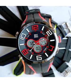 Orologio Da Polso Zcc Uomo Dual Time Analogico Digitale Sveglia Sport Rosso Nero         