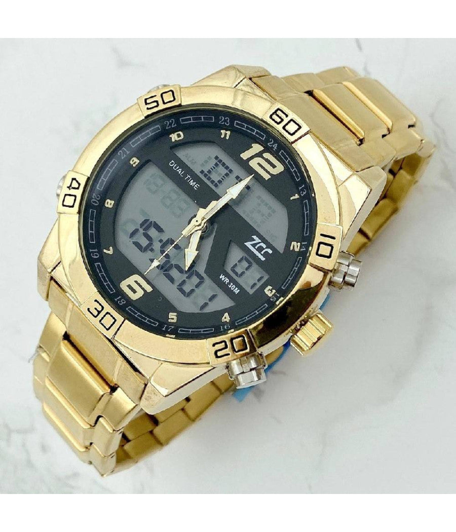 Orologio Da Polso Zcc Uomo In Acciaio Dual Time Resistente All'acqua Dorato Nero         