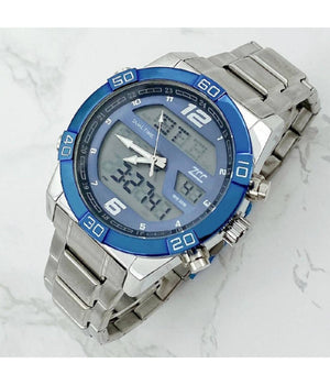 Orologio Da Polso Zcc Uomo In Acciaio Dual Time Resistente All'acqua Silver Blu         