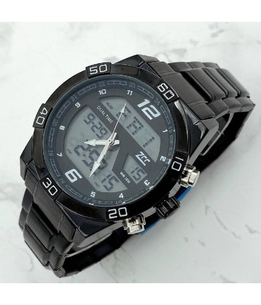 Orologio Da Polso Zcc Uomo In Acciaio Dual Time Resistente All'acqua Wr30m Nero         