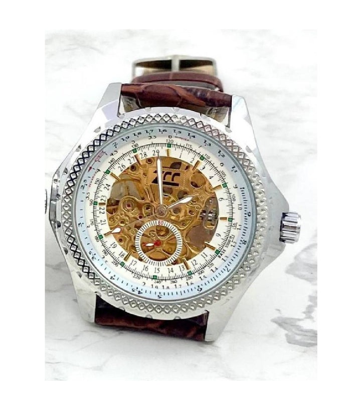Orologio Da Polso Zcc Uomo Movimento Automatico Cinturino Pelle Marrone Bianco         