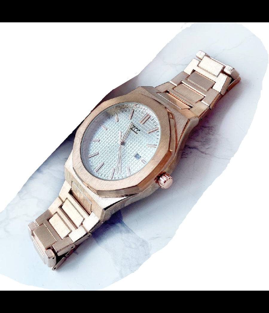 Orologio Da Polso Zcc Uomo Quarzo Analogico Data Elegante Rose Gold Fondo Bianco         