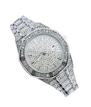 Orologio Polso Acciaio Strass Analogico Brillantini Calendario Elegante Silver         