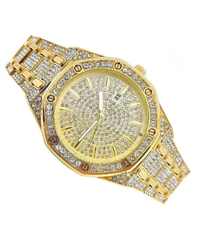 Orologio Polso Acciaio Strass Brillantini Analogico Calendario Elegante Dorato         