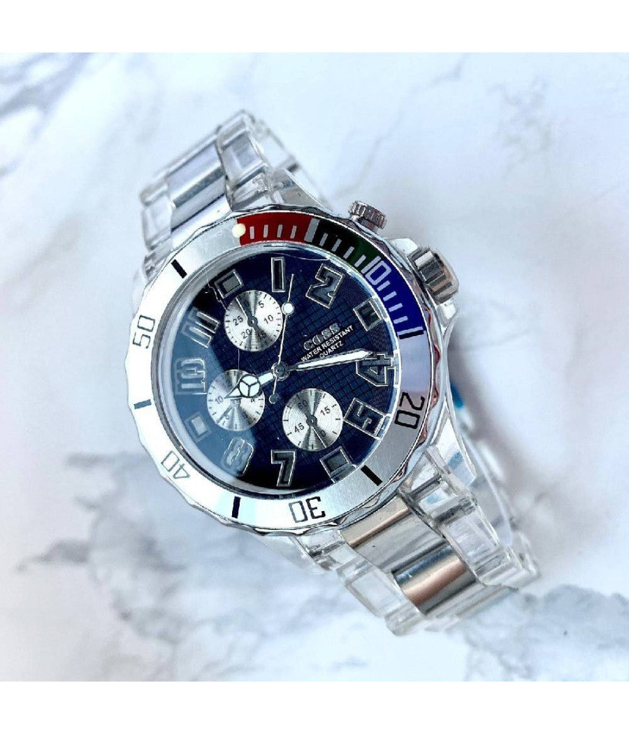 Orologio Polso Coss Uomo Analogico Quarzo Luminoso Ghiera Silver Quadrante Blu         