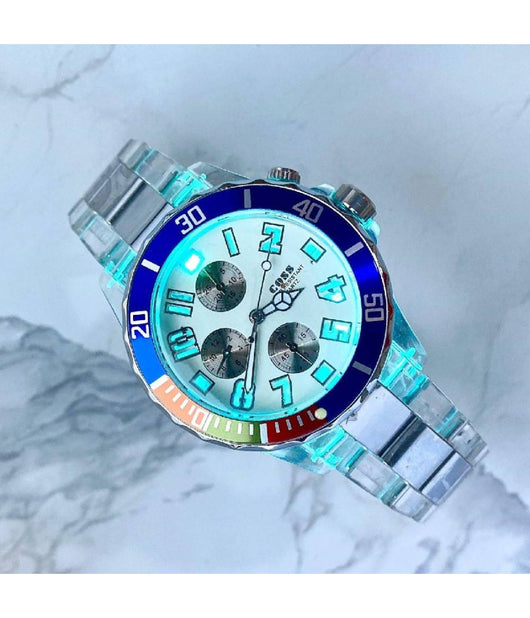 Orologio Polso Coss Uomo Analogico Quarzo Luminoso Silver Blu Quadrante Bianco         