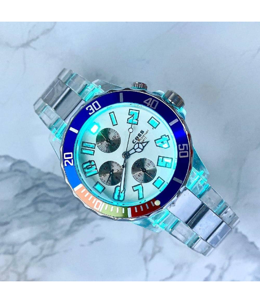 Orologio Polso Coss Uomo Analogico Quarzo Luminoso Silver Blu Quadrante Bianco         