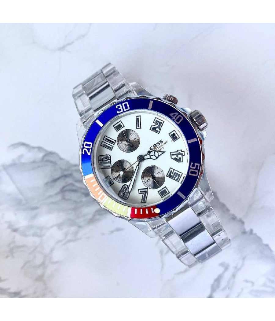 Orologio Polso Coss Uomo Analogico Quarzo Luminoso Silver Blu Quadrante Bianco         