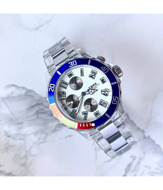 Orologio Polso Coss Uomo Analogico Quarzo Luminoso Silver Blu Quadrante Bianco         