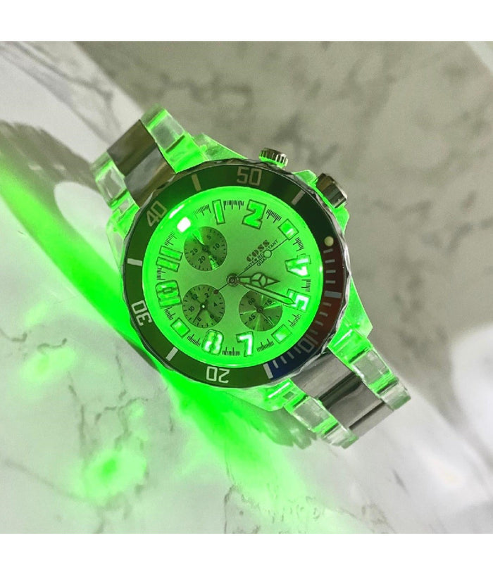 Orologio Polso Coss Uomo Analogico Quarzo Luminoso Silver Verde Quadrante Bianco         
