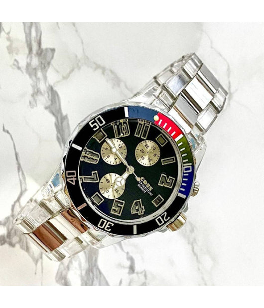 Orologio Polso Coss Uomo Analogico Quarzo Water Resistant Silver Quadrante Nero         