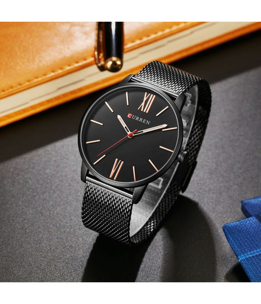 Orologio Polso Curren 8238 Uomo Analogico Quarzo Maglia Nero Quad Nero         