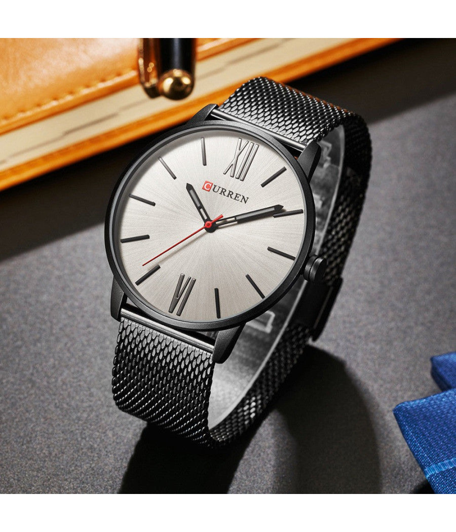 Orologio Polso Curren 8238 Uomo Analogico Quarzo Maglia Nero Quad Silver         