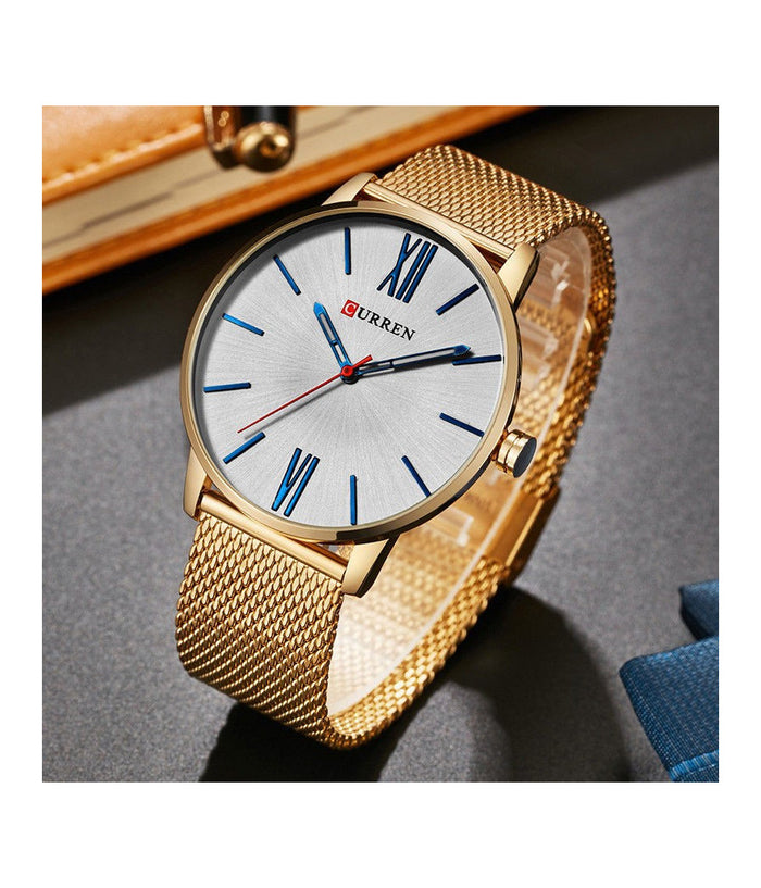 Orologio Polso Curren 8238 Uomo Analogico Quarzo Maglia Oro Quad Silver         