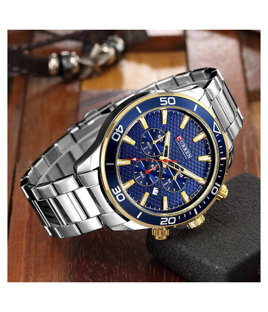 Orologio Polso Curren 8309 Uomo Analogico Quarzo Moderno Silver Quad Blu         