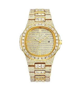 Orologio Polso Donna Acciaio Moda Brillantini Strass Calendario Analogico Dorato         