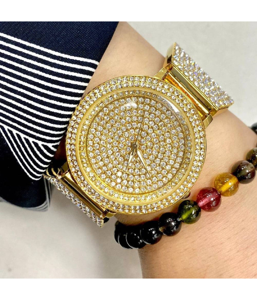 Orologio Polso Donna Acciaio Moda Fashion Brillantini Elegante Analogico Dorato         