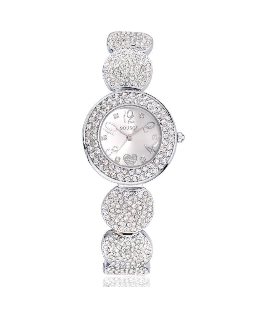 Orologio Polso Donna Sousou S6097 Cuore Brillantini Movimento Al Quarzo Silver         