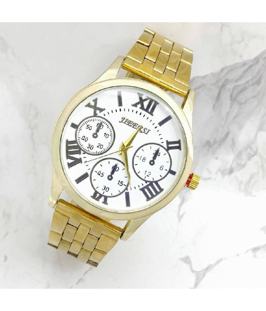 Orologio Polso Jieersi Uomo Acciaio Dorato Analogico Cronografo Quadrante Bianco         