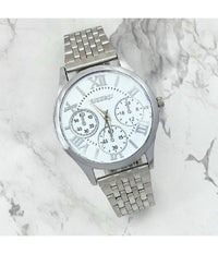 Orologio Polso Jieersi Uomo Acciaio Silver Analogico Cronografo Quadrante Bianco         