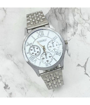 Orologio Polso Jieersi Uomo Acciaio Silver Analogico Cronografo Quadrante Bianco         