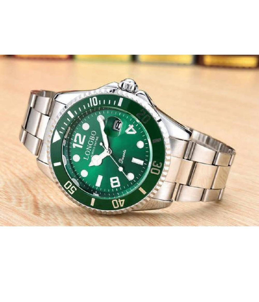 Orologio Polso Longbo 80430g Uomo Quarzo Data Impermeabile Elegante Silver Verde         