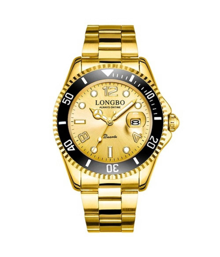 Orologio Polso Longbo 80430g Uomo Quarzo Impermeabile Data Elegante Dorato Nero         