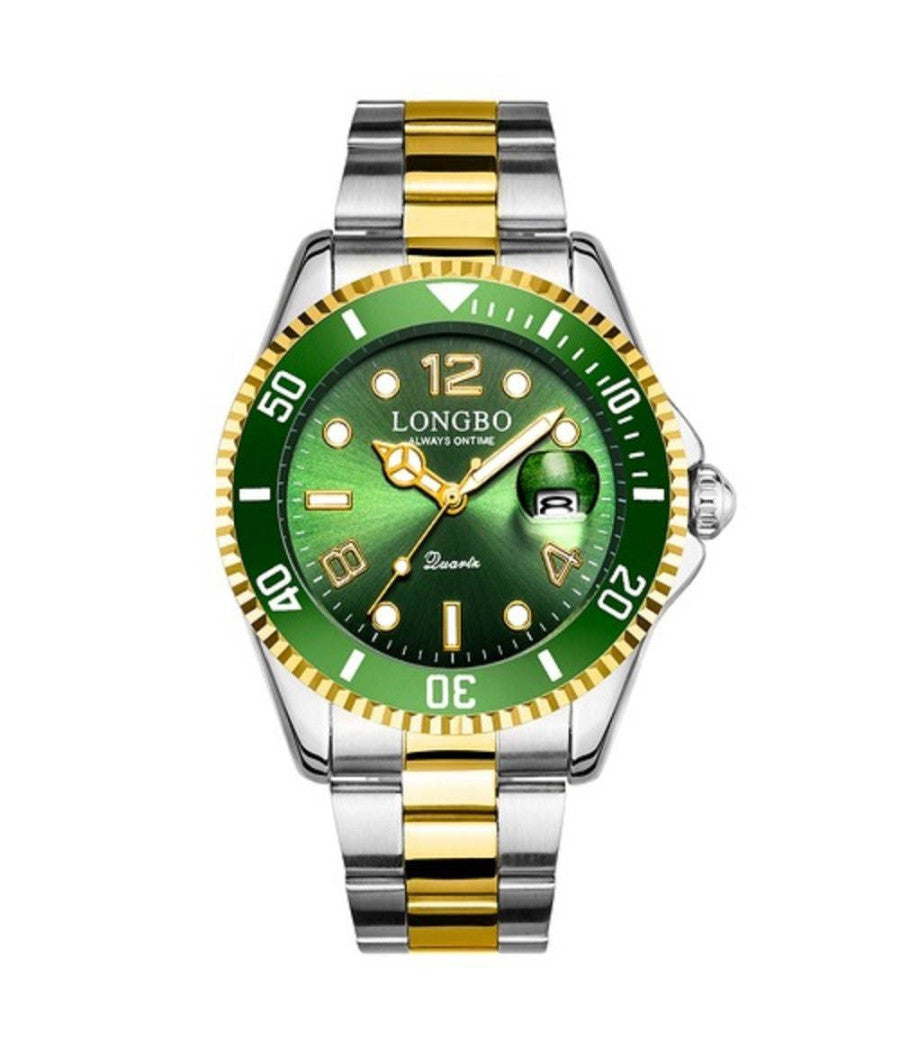 Orologio Polso Longbo 80430g Uomo Quarzo Impermeabile Data Moda Silver Oro Verde         
