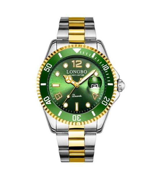 Orologio Polso Longbo 80430g Uomo Quarzo Impermeabile Data Moda Silver Oro Verde         