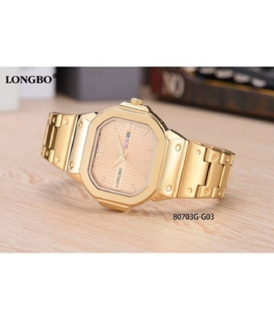 Orologio Polso Longbo 80703g Uomo Quarzo Data Analogico Acciaio Elegante Dorato         