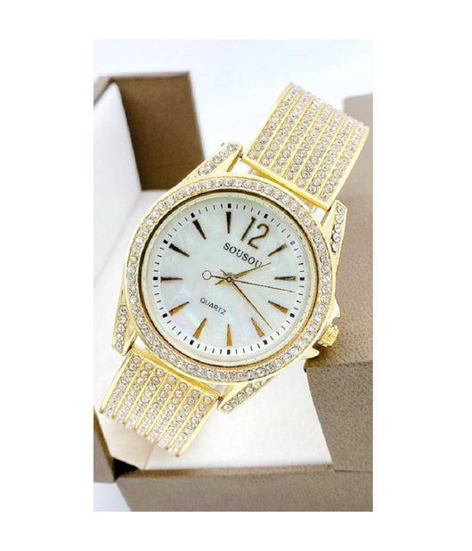 Orologio Polso Sousou 6733 Donna Quarzo Acciaio Brillantini Dorato Fondo Bianco         