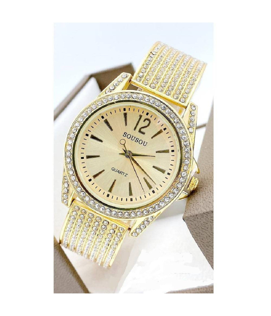 Orologio Polso Sousou 6733 Donna Quarzo Acciaio Moda Brillantini Dorato Fondo Oro         