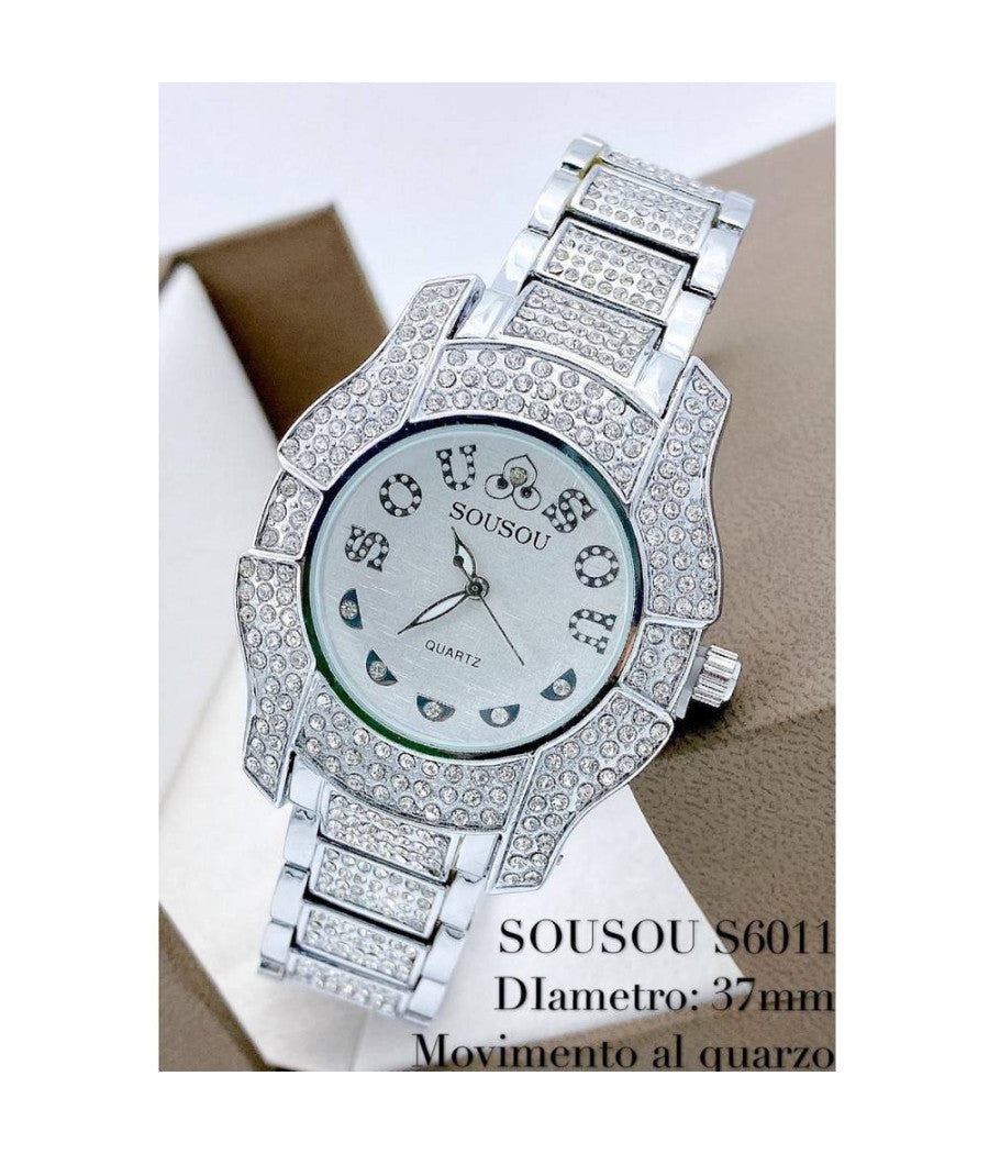 Orologio Polso Sousou S6011 Quarzo Acciaio Moda Brillantini Silver Fondo Silver         