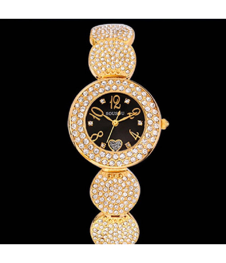 Orologio Polso Sousou S6097 Donna Cuore Brillantini Movimento Quarzo Dorato Nero         