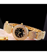 Orologio Polso Sousou S6097 Donna Cuore Brillantini Movimento Quarzo Dorato Nero         