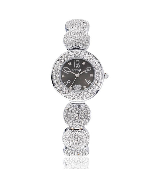 Orologio Polso Sousou S6097 Donna Cuore Brillantini Movimento Quarzo Silver Nero         