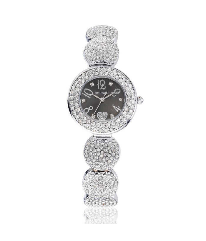 Orologio Polso Sousou S6097 Donna Cuore Brillantini Movimento Quarzo Silver Nero         