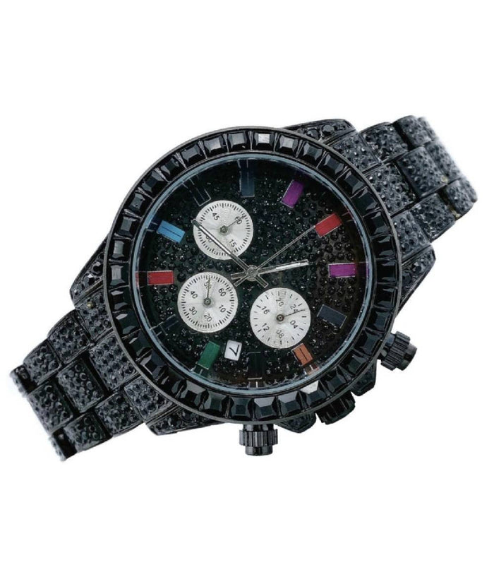 Orologio Polso Unisex Quarzo Acciaio Calendario Diamond Brillantini Strass Nero         