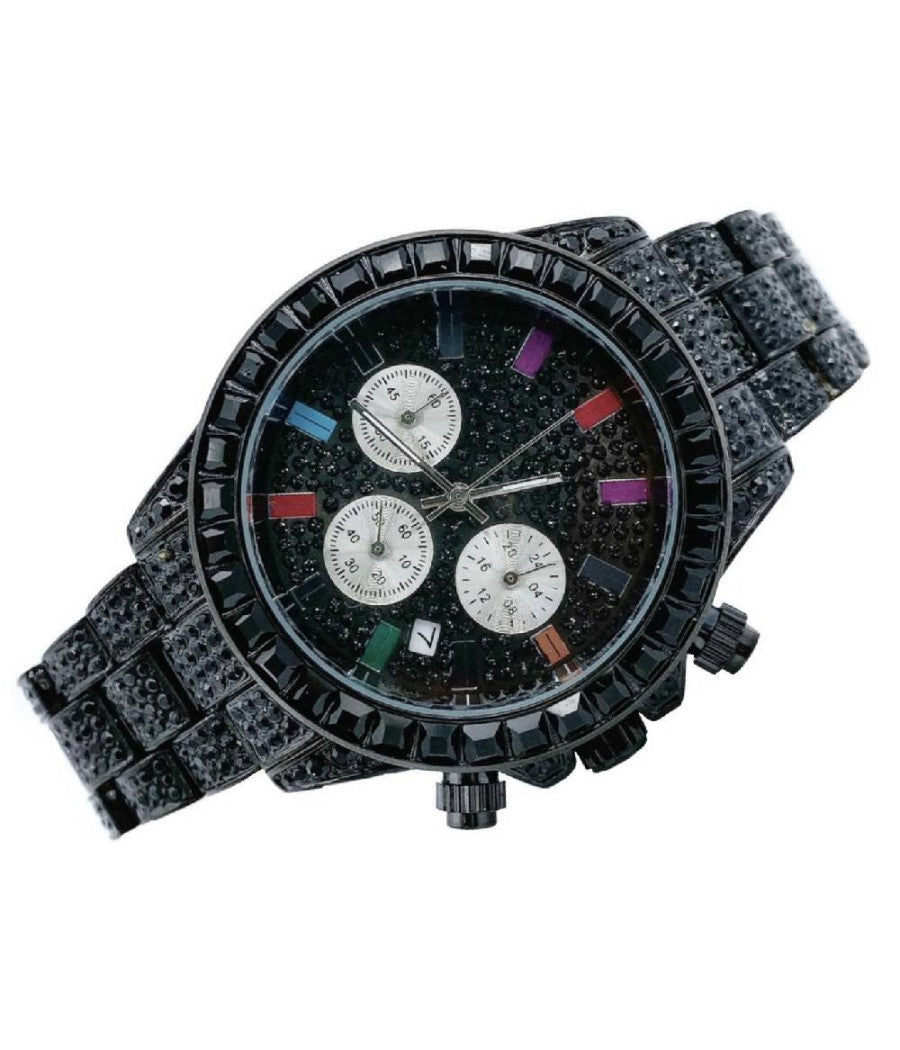 Orologio Polso Unisex Quarzo Acciaio Calendario Diamond Brillantini Strass Nero         