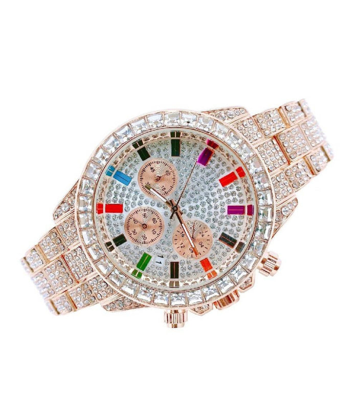 Orologio Polso Unisex Quarzo Acciaio Calendario Diamond Brillantini Strass Rosa         