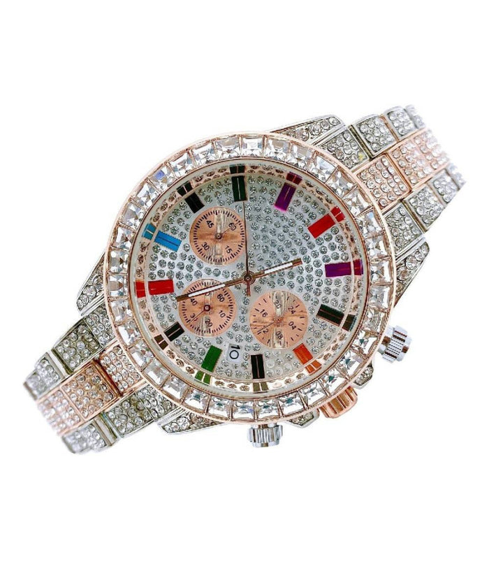 Orologio Polso Unisex Quarzo Acciaio Data Diamond Brillantini Strass Silver Rosa         