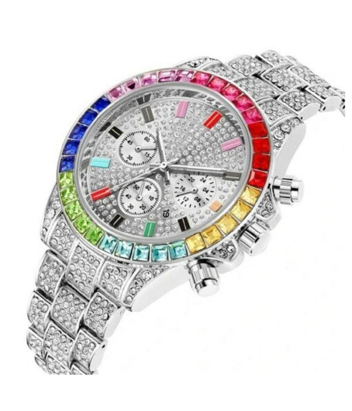 Orologio Polso Unisex Quarzo Acciaio Data Diamond Strass Silver Ghiera Colorata         